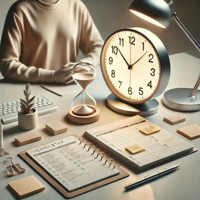Schreibtisch mit Uhr Schreibtisch mit Uhr, Sanduhr, Notizen, Planner und Pflanze.